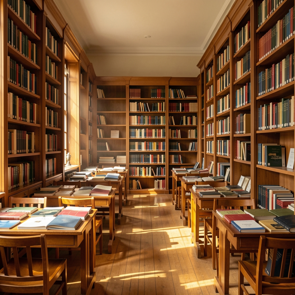 Open library reading room with tall wooden bookshelves, warm afternoon light casting long shadows across rows of journals and reference books, serene academic atmosphere