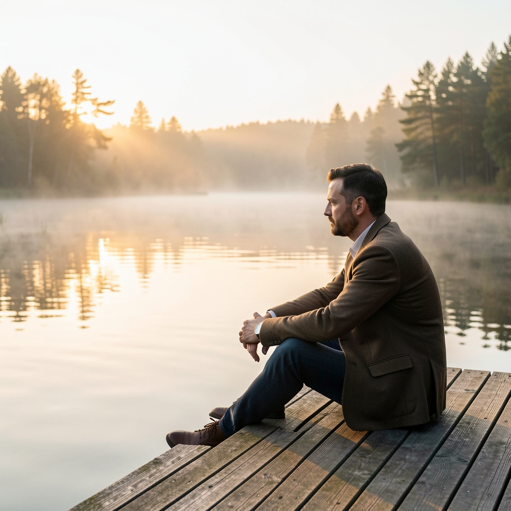 Man sitting quietly in early morning on a wooden dock by a calm lake, mist rising from the water, soft golden sunrise light reflecting on the surface — peaceful and introspective