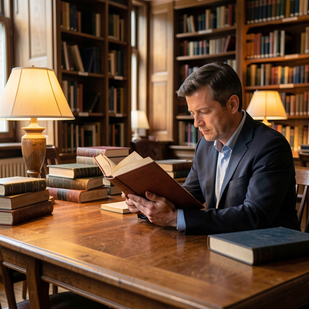 Man reading a thick reference book at a large wooden library table with stacked volumes and warm lamp light, focused and engaged in quiet intellectual study