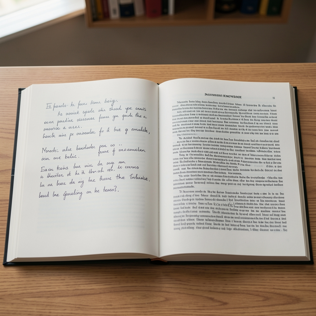 Two open reference books side by side on a desk, one with handwritten annotations, the other printed with scientific text, balanced contrast between popular belief and documented knowledge
