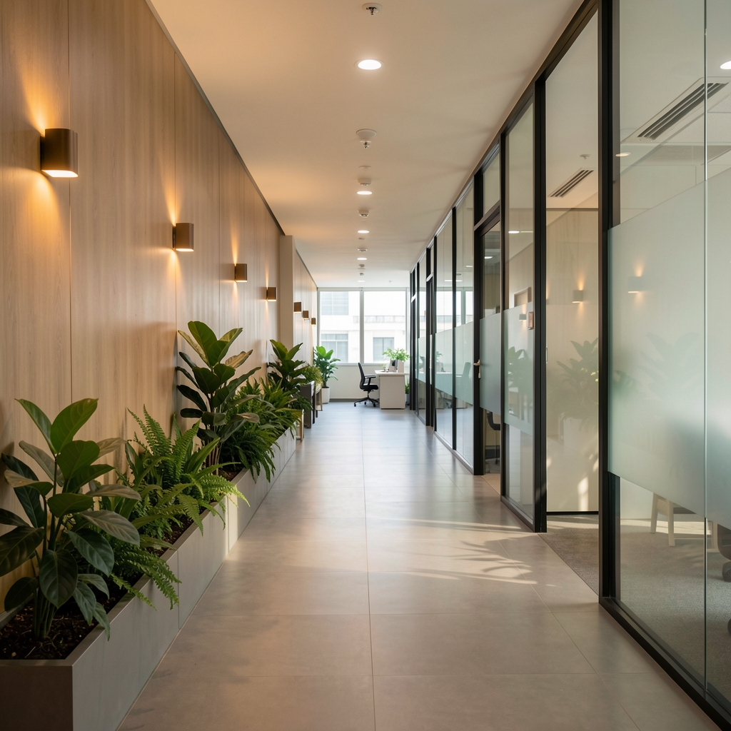 Modern editorial office corridor in Jakarta with warm interior lighting, green plants along the wall, and glass partitions giving a calm institutional feel