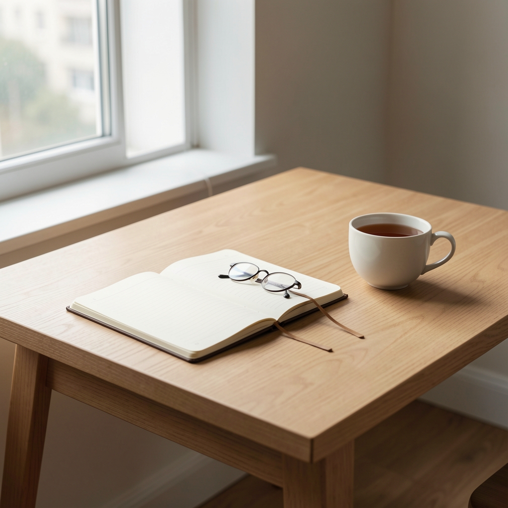 Minimalist wooden desk with an open notebook, reading glasses, and a cup of tea beside a large window with soft natural light — calm and studious atmosphere