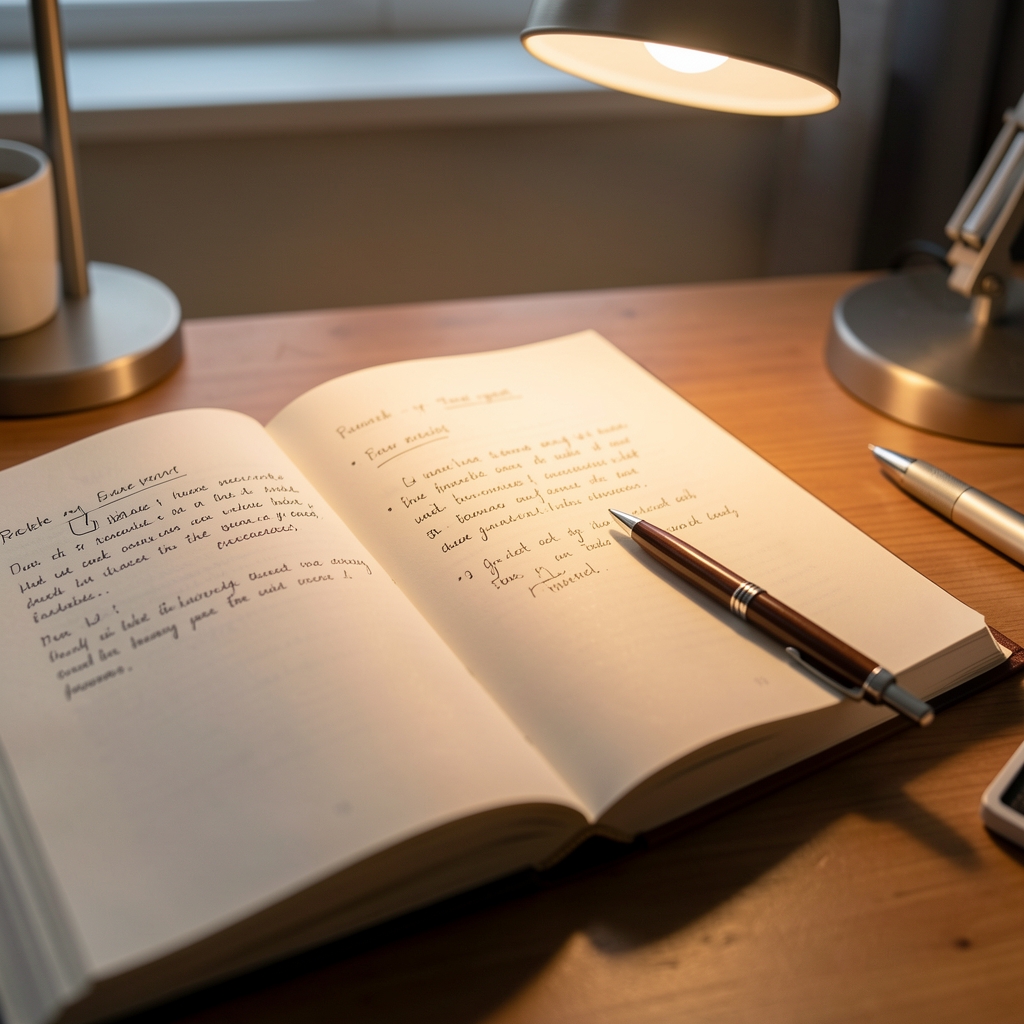 Close-up of an open book with handwritten annotations and a pen resting on the page, warm desk lamp illuminating paper texture — thoughtful editorial workspace